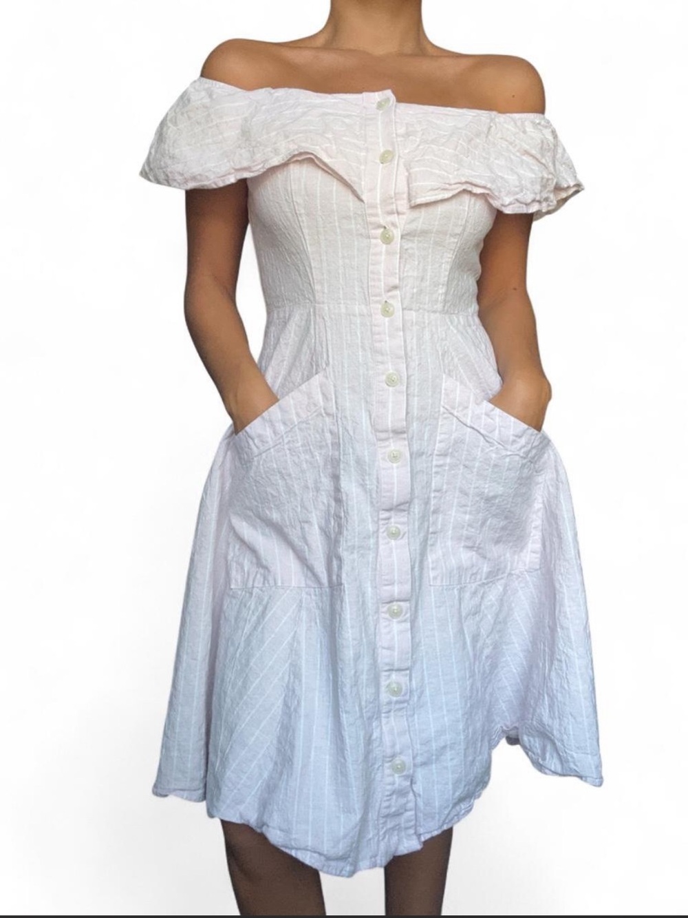 Saks Fifth Avenue Pale Pink Off-Shoulder Button Front Dress